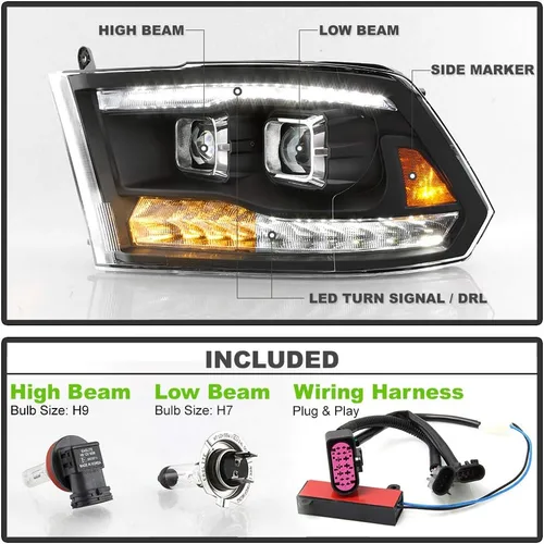 Vista 2 de ACANII – Faros delanteros LED negros con señal DRL y doble proyector para Dodge Ram 1500 2500 3500 2009-2018