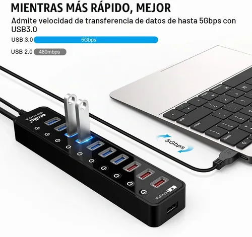Vista 2 de Hub USB 3.0 alimentado, atolla 11 puertos, 7 puertos de datos USB 3.0+4 puertos de carga USB 3.0 Hub with Individual On/Off Switches and 12V/4A
