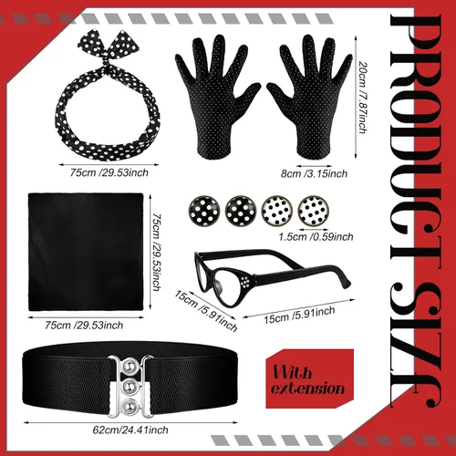 Vista 3 de Newcotte 7 piezas de accesorios de disfraz de los años 50 para mujer, bufanda, lunares, ojo de gato, bandana, diadema, aretes, guantes, cintura