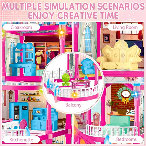 Vista 4 de OCTERIC Casa de Muñecas para Niñas, Casa de Muñecas Rosa de 10 Habitaciones con 2 Muñecas, Luces, Cachorros, Muebles, Accesorios, Casa