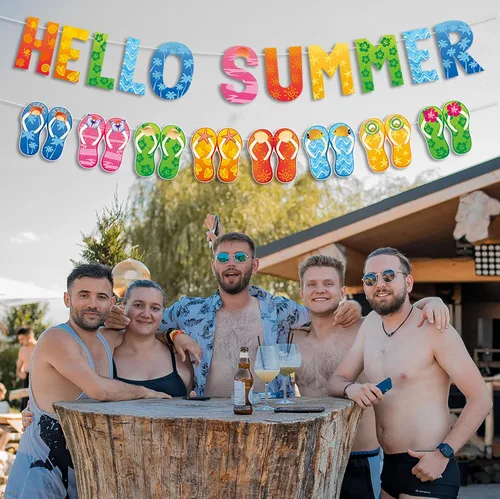 Vista 6 de Cartel de Hello Summer y colorido banner de verano hawaiano tropical playa piscina sandalias guirnalda banner verano vacaciones fiesta cumpleaños