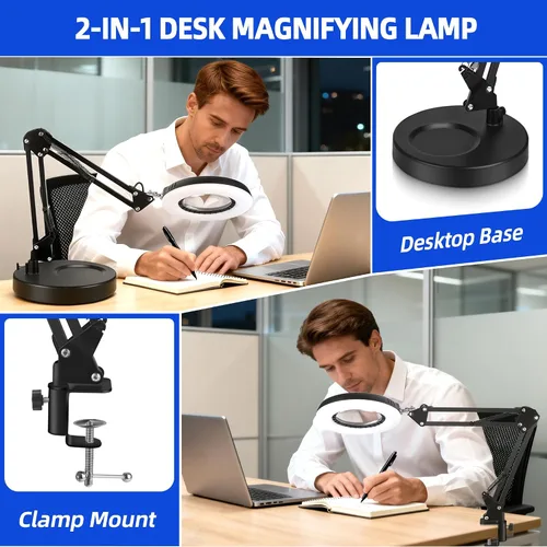 Vista 5 de Akynite 12 lupas con luz y soporte, lámpara de escritorio con lupa de cristal real de 144 LED con base y abrazadera, 5 modos de color, lupa