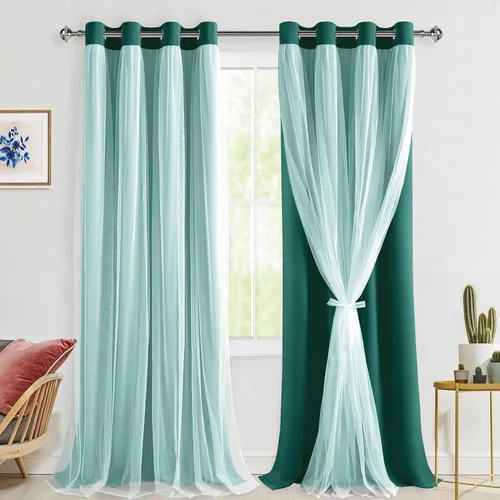 Vista 94 de Hiasan Cortinas opacas con superposición transparente, aislamiento térmico para mezclar y combinar de doble capa, cortinas de oscurecimiento de Beige