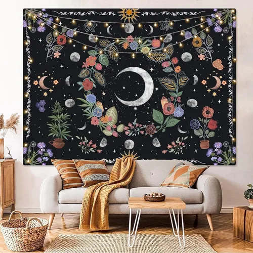 Vista 3 de Kanuyee Tapiz Floral de Luna Tapiz de Flores para Dormitorio Tapices Bohemios para Colgar en la Pared Estético para Dormitorio y Sala de Estar Luna