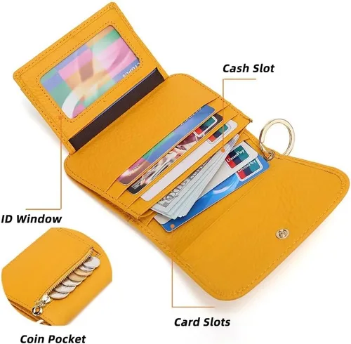 Vista 3 de Mudono - Billetera pequeña para mujer con bloqueo RFID, de cuero genuino, tarjetero, billetera delgada de tres pliegues con bolsillo con cremallera
