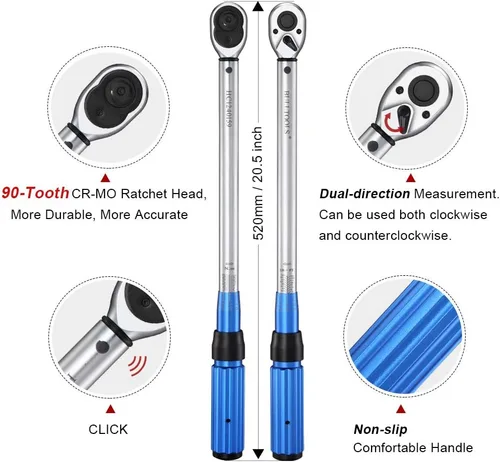 Vista 2 de BULLTOOLS Juego de llaves dinamométricas de clic de 1/2 pulgada, llave dinamométrica ajustable de 90 dientes de doble dirección con hebilla