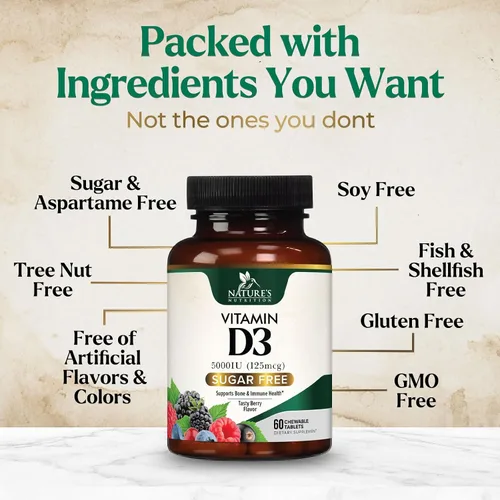 Vista 7 de Vitamina D3 5000 UI (125 mcg) por porción, vitamina D extra fuerte masticable para apoyo inmunológico, suplementos para huesos, dientes y músculos