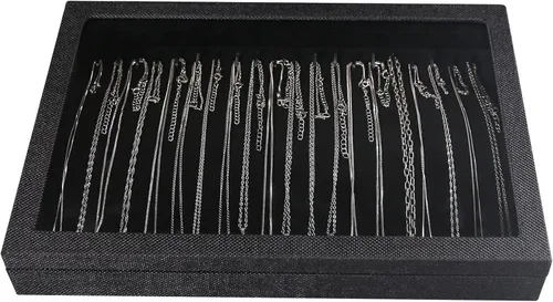 Vista 2 de Julysky Juego de 2 bandejas apilables para organizar joyas, bandeja para collar + tapa de cristal, exhibiciones de joyas para vender