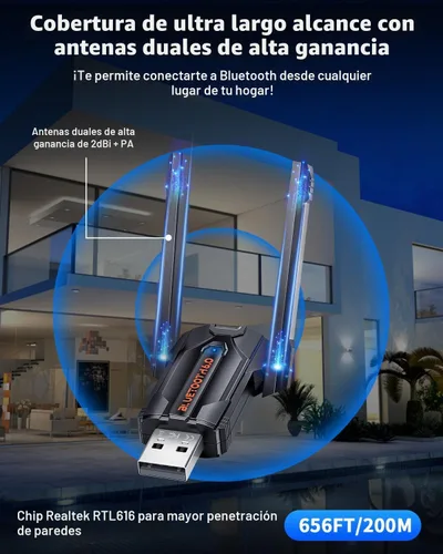 Vista 3 de ZEXMTE Adaptador Bluetooth 6.0 para PC, receptor transmisor Bluetooth USB de doble antena Plug & Play, largo alcance de 656.2 ft/656 pies, chip