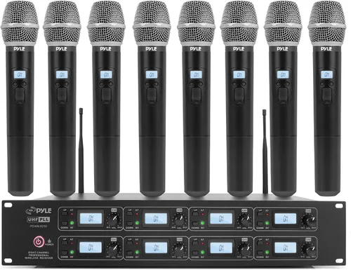 Vista 10 de Pyle Sistema de micrófono inalámbrico UHF de 8 canales con 4 micrófonos de mano, 4 Lavalier y 4 micrófonos de auriculares, rango de 300 pies