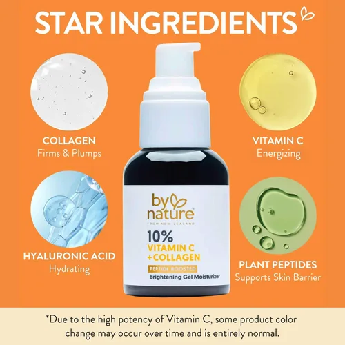 Vista 3 de By Nature Gel hidratante facial – 10% vitamina C + péptido de colágeno hidratante para cara y cuello – Energiza e hidrata la piel opaca + manchas