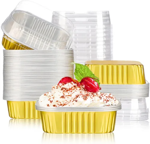 Vista 9 de EUSOAR Mini moldes para tartas con tapas, 12.3 onzas, 12.2 fl oz, 50 unidades cuadradas de aluminio para cupcakes con tapas, papel de aluminio