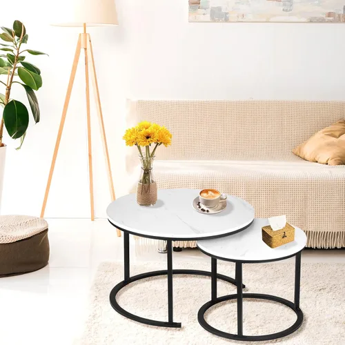 Vista 5 de Juego de café redondo anidable, mesa de cóctel moderna apilable para sala de estar, oficina, balcón, mesas anidables de 2 piezas con marco de metal