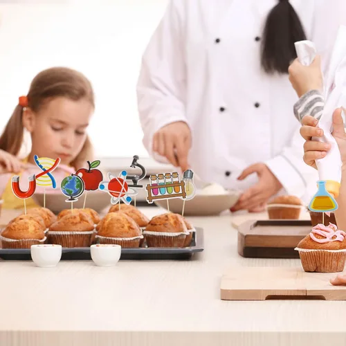 Vista 6 de Gyufise 36 piezas de decoración para cupcakes de ciencia, rocas de ciencia, para baby shower, niños, astronomía, biología, química, física, ciencia