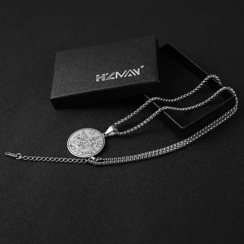 Vista 6 de HZMAN Collar con colgante de pentagrama hebreo de acero inoxidable con tetragrammatón y cadena de 217in