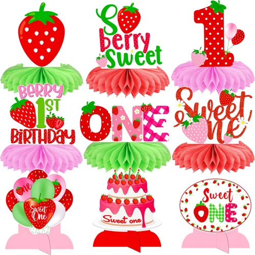 Vista 9 de Berry Sweet One - Centros de mesa de panal de abeja, decoración de mesa de primer cumpleaños, 13 piezas, decoración de primer cumpleaños, fresa