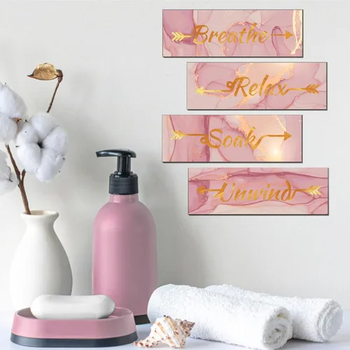 Vista 2 de Lnond 4 piezas de decoración de pared de baño de mármol dorado rosa, decoración de letreros de relajación y respiración, arte de pared colgante