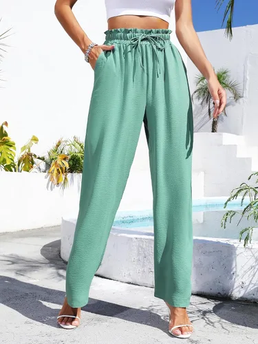 Vista 5 de Pantalones de pierna ancha para mujer, estilo casual, holgados, cintura alta, con cordón, palazzo fowy nudo de corbata, pantalones de descanso