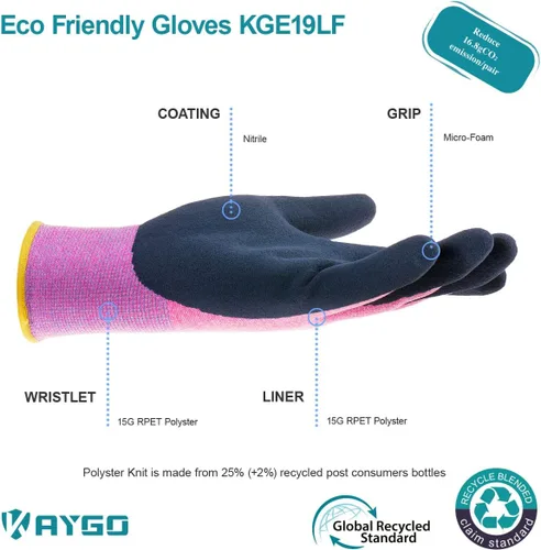 Vista 2 de KAYGO Guantes de trabajo para mujer, guantes de trabajo de seguridad ecológicos con revestimiento de goma transpirable, KGE19L, 3 pares Excellent