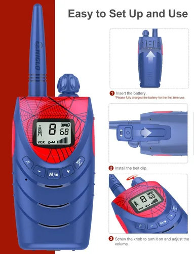 Vista 6 de QNIGLO Walkie Talkies para niños, paquete de 2 walkie talkies para niños, regalos para niños y niñas de 3, 4, 5, 6, 7, 8 años, senderismo al aire
