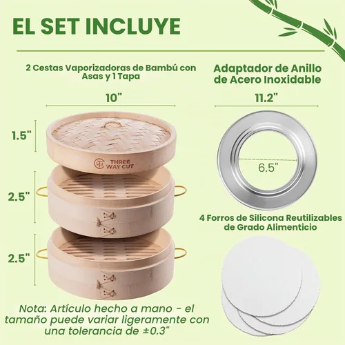 Vista 2 de Cesta para cocinar al vapor de bambú de 25 cm, 2 niveles, con mango, adaptador de anillo, forro de silicona reutilizable, kit para cocinar