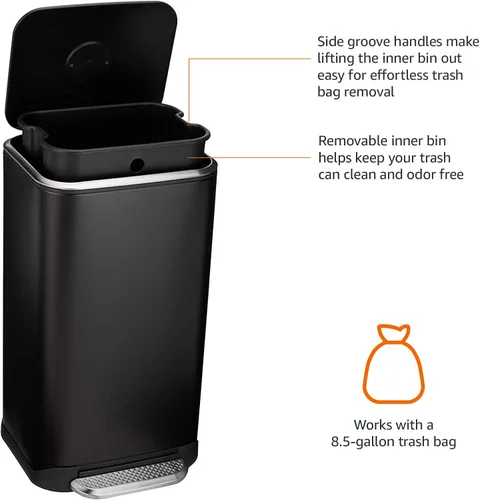Vista 2 de Amazon Basics Bote de basura rectangular de metal con pedal de cierre suave, 32 litros/8.5 galones, 14 pulgadas de largo x 14 pulgadas de ancho x