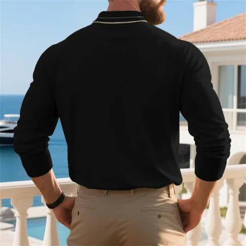 Vista 4 de Polo de manga larga para hombre, suéter clásico con botones, cuello en contraste, sudadera casual