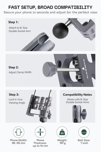 Vista 4 de FANAUE Soporte para Teléfono de Aleación de Aluminio con Bola de 1" para Teléfonos Inteligentes con un Ancho de 2.3" a 3.4", Compatible con Brazos
