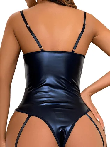Vista 5 de SweatyRocks Conjunto de lencería de cuero con cordones para mujer con liga