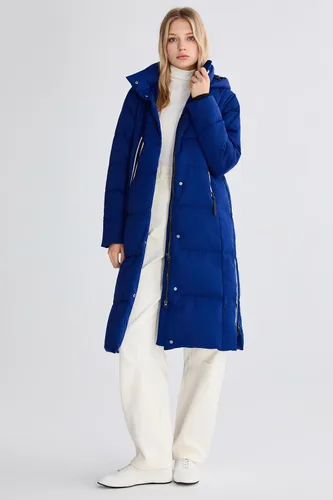 Vista 5 de Orolay Chaqueta de Plumón Larga Engrosada para Mujer, Abrigo de Plumón de Invierno, Chaqueta Acolchada con Capucha y Cremallera Lateral Índigo