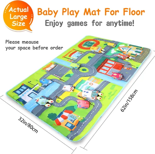Vista 2 de GLÜCK Alfombra de juego para niños juguete suave para niños y niñas juguetes para bebés con 10 vehículos suaves y autos para tirar una alfombrilla