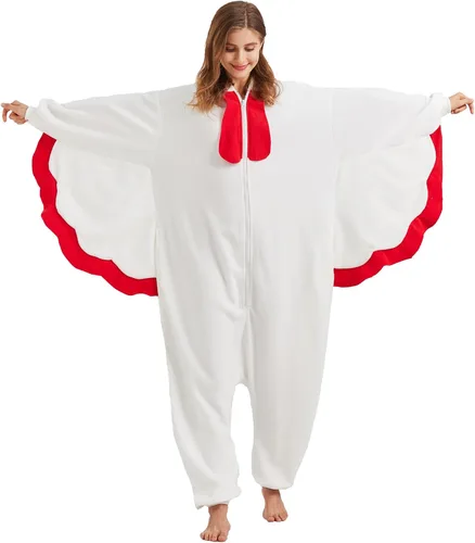 Vista 4 de MORNINGFLY Chicken Onesie for Adults - Chicken Halloween Costume - Animal Pajamas - White Scar Rooster One-Piece Cosplay Suit