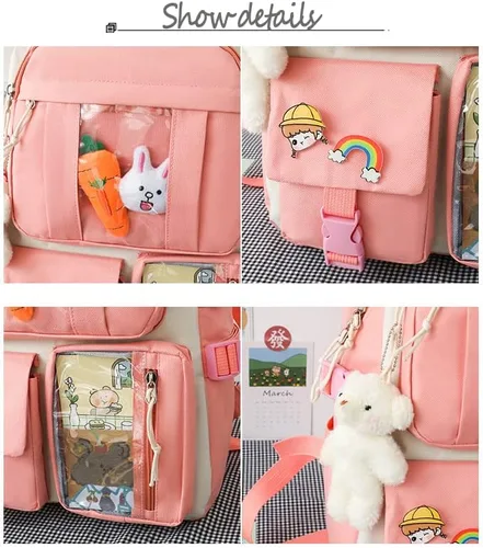 Vista 6 de Juego de 4 pines de mochila kawaii para mochila escolar, linda mochila estética