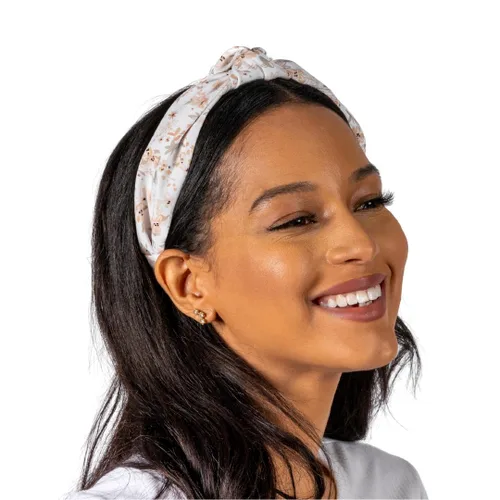 Vista 17 de Diadema anudada para mujer (beige con perlas), diadema ancha anudada, beige con ribete de encaje y perlas pequeñas