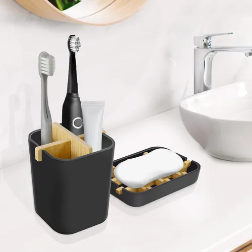 Vista 5 de Juego de soportes para cepillos de dientes y jabonera, accesorios de baño Negro