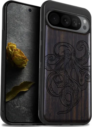 Vista 9 de Carveit Funda de madera para Pixel 9 Pro [madera natural y TPU suave negro] a prueba de golpes, funda de madera única compatible con Google Pixel 9