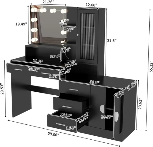 Vista 5 de Escritorio de maquillaje con espejo y luz, espejo de tocador con estación de carga para dormitorio, mesa de maquillaje con estantes