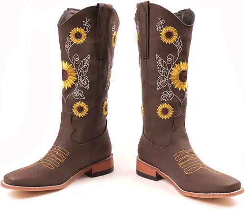 Vista 3 de SO SIMPOK Botas vaqueras bordadas con diseño de girasol dulce para mujer, estilo retro, estilo occidental, tacón grueso a media pantorrilla