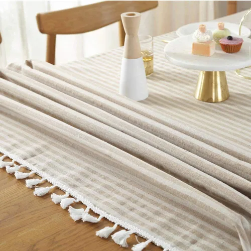 Vista 4 de AMZALI Mantel de Rayas con Borlas de Algodón y Lino Resistente a Manchas/A Prueba de Polvo Impermeable Cubierta de Mesa para Decoración de Mesa