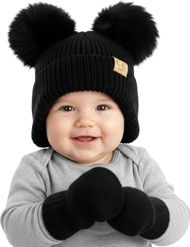 Vista 10 de Funky Junque Conjunto de gorro y mitones con doble pompón de pelo sintético para bebé – Gorro de invierno para recién nacidos de 0–9 meses
