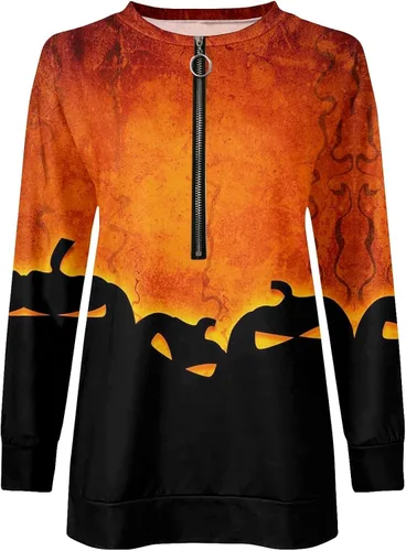 Vista 2 de Ropa de otoño para mujer 2023 con estampado de Halloween, media cremallera, cuello en V, manga larga, trajes cómodos