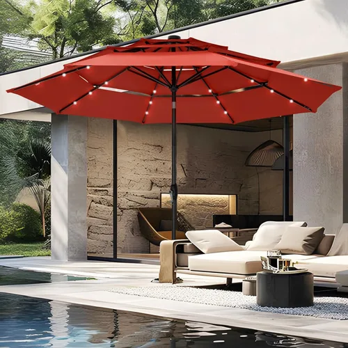 Vista 15 de PHI VILLA - Sombrillas de patio de 9 pies con 24 luces LED solares, sombrilla iluminada para mesa de mercado al aire libre con 8 varillas de acero