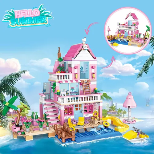 Vista 3 de Pink Girls Seaside Beach Villa Friends - Juego de construcción compatible con Lego Friends, juguete educativo para niños de 8 a 12 años en adelante