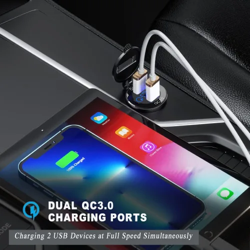 Vista 2 de Paquete de 2 enchufes PD tipo C para cargador de automóvil y carga rápida dual 3.0 puertos de aluminio, 60 W USB C triple 12 V enchufe USB