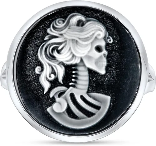 Vista 2 de Vintage Antique Hip Cool Negro Blanco Bisel Redondo Femenino Lolita Skelton Cameo Anillo Para Adolescentes Mujeres Biker Joyería Punk Rock .925