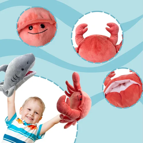 Vista 3 de Marioneta de cangrejo en T, marioneta de cangrejo CRA de 13 pulgadas para niños, marionetas de peluche realistas, juguetes de cangrejo rellenos CRA