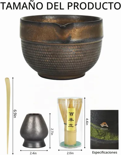 Vista 2 de Artcome Juego de té Matcha de lujo – Kit japonés de 4 piezas con tazón rústico de cerámica esmaltada en negro y asa, batidor de bambú, soporte