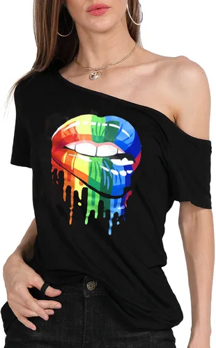 Vista 2 de MAGICMK - Camiseta casual para mujer, con estampado de labios y hombro descubierto, talla extragrande