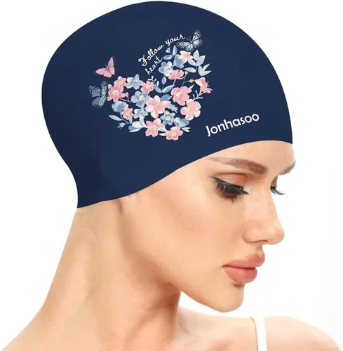 Vista 8 de Gorro de natación para mujer, gorra de natación de silicona para cabello largo con estampado de flores