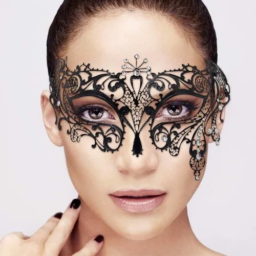 Vista 2 de FaceWood Máscara de mascarada para mujer, máscara de metal ultraligera brillante con diamantes de imitación veneciana, bonita fiesta, noche, baile
